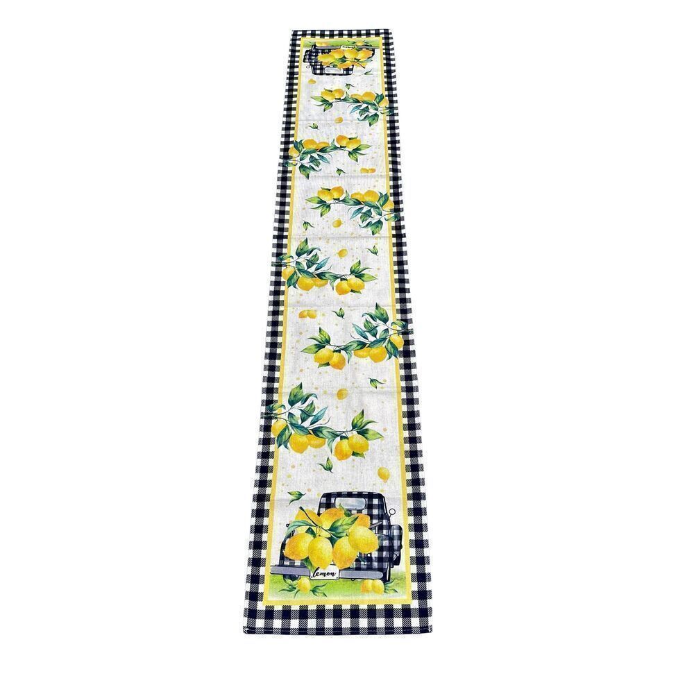 Meyer Lemons Gingham Black & White Border, Cottagecore Table Runner 65x13 in.